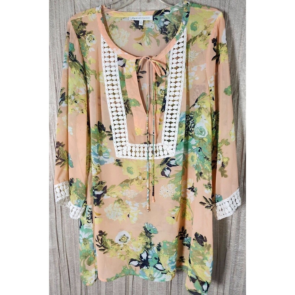 Daniel Rain 1X Peach Multicolor Floral Boho Sheer Peasant Blouse Tunic Beach